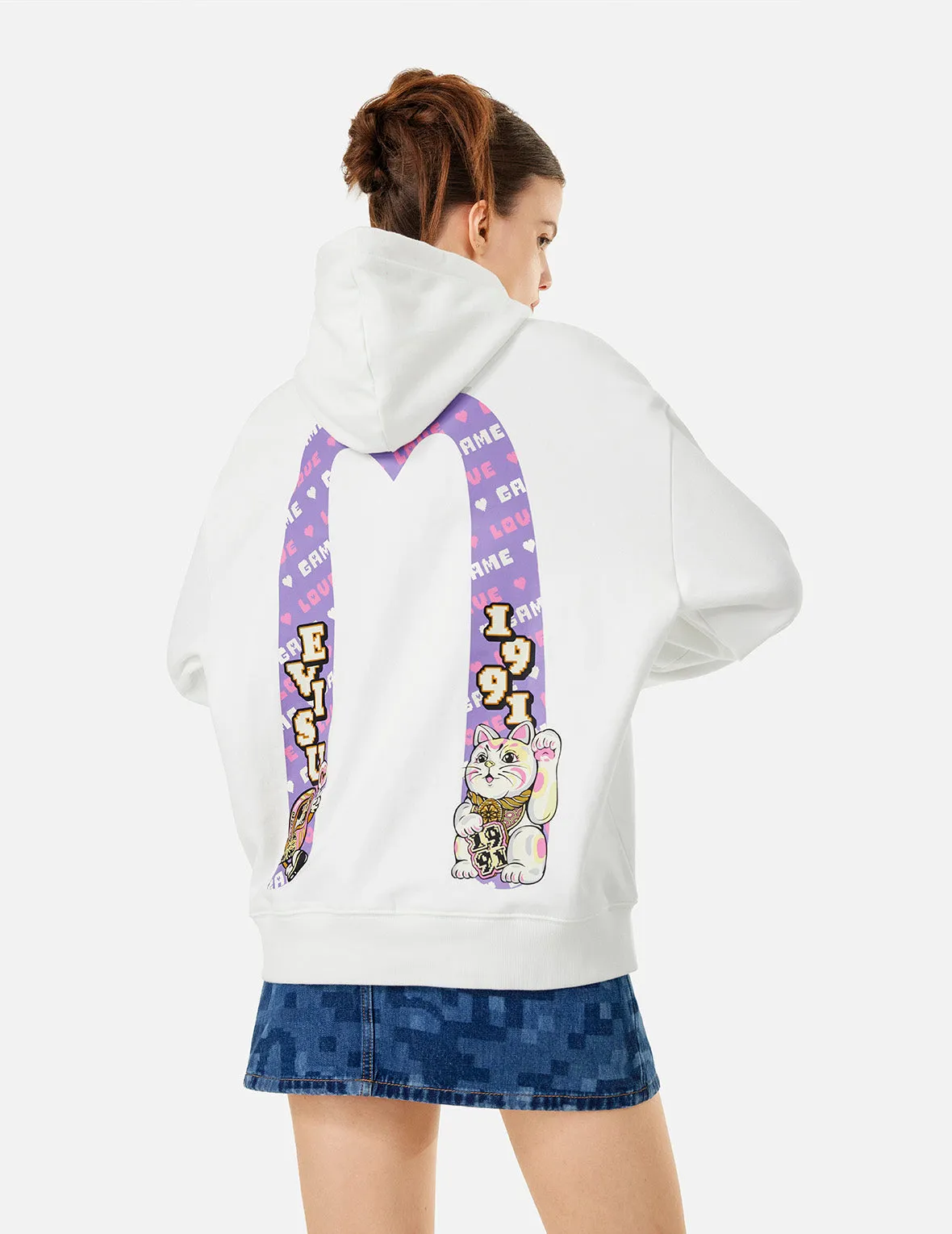 Logo and Fortune Cat Daicock Print Oversized Hoodie