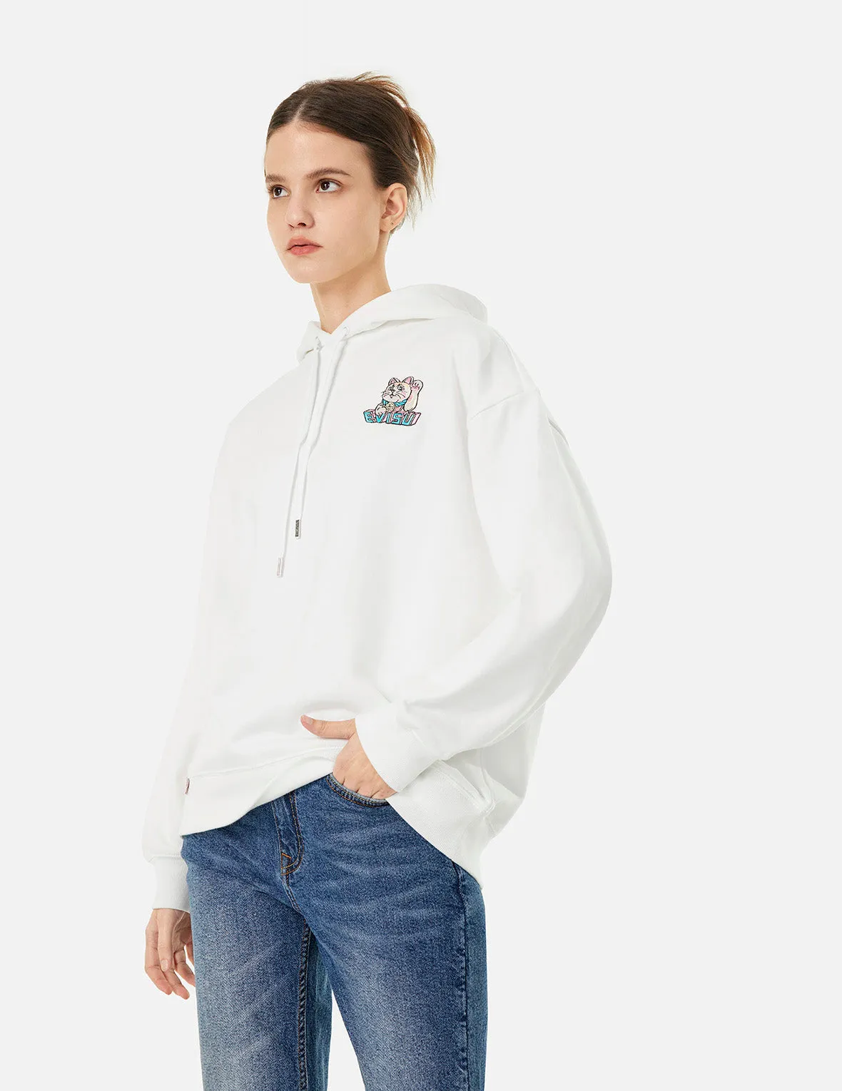 Logo and Fortune Cat Embroidery Oversized Hoodie