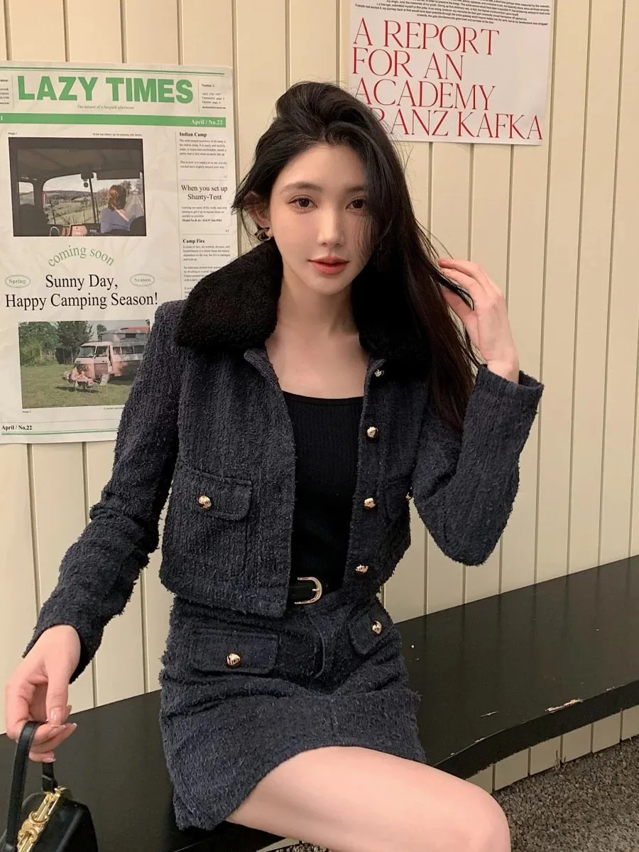 MIU style complete set of ootd outfit Barn style denim long-sleeved fur collar jacket cardigan high waist A-line skirt suit