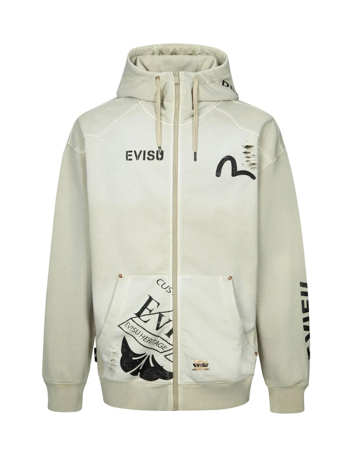 Multi Logos Print Loose Fit Washed Zip-Up Hoodie