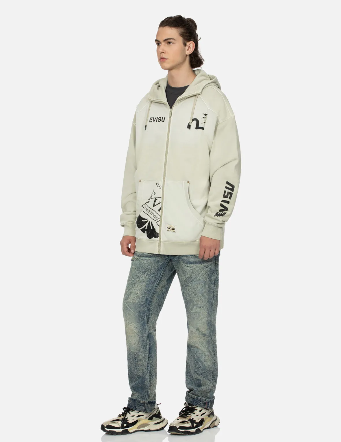 Multi Logos Print Loose Fit Washed Zip-Up Hoodie