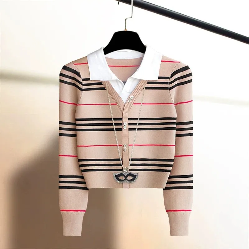 New arrival in early autumn, French retro style, western-style knitted sweater for women, high-end fake two-piece long-sleeved t