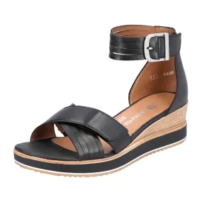 Remonte Women's Black Wedge Sandals with Cross Straps and Comfortable Sole