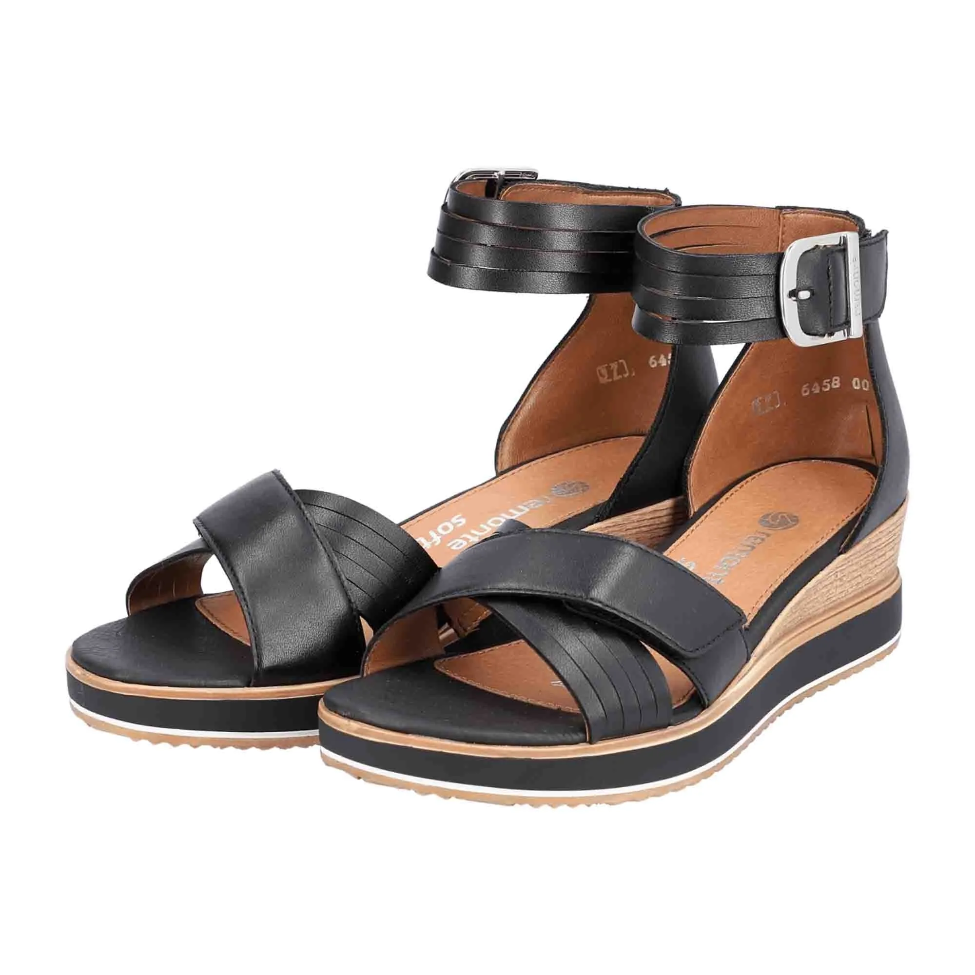 Remonte Women's Black Wedge Sandals with Cross Straps and Comfortable Sole