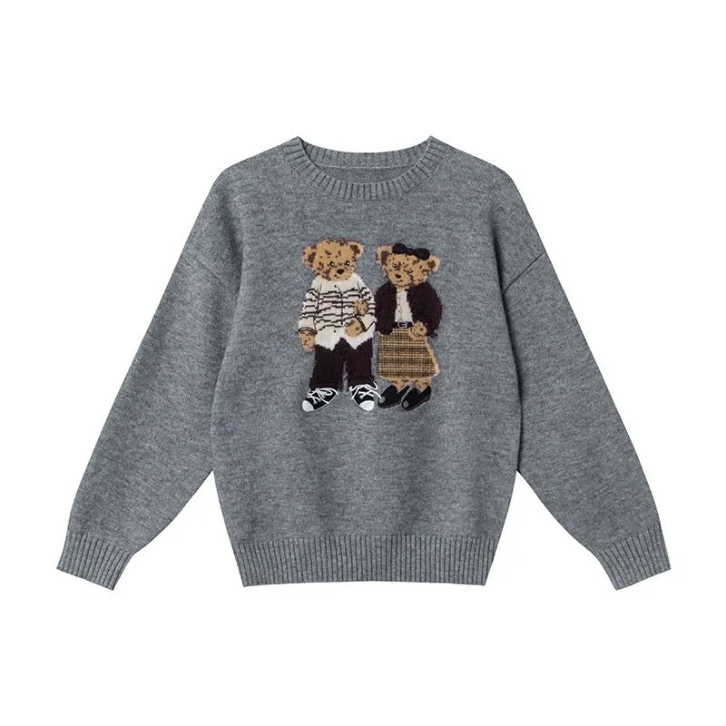 Retro Cartoon Bear Jacquard Round Neck Sweater Women's Autumn