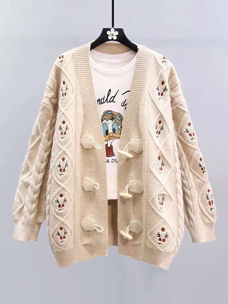 Retro Embroidered Horn Button Sweater Jacket Women Autumn and Winter 2023 New Loose Lazy Style Knitted Cardigan