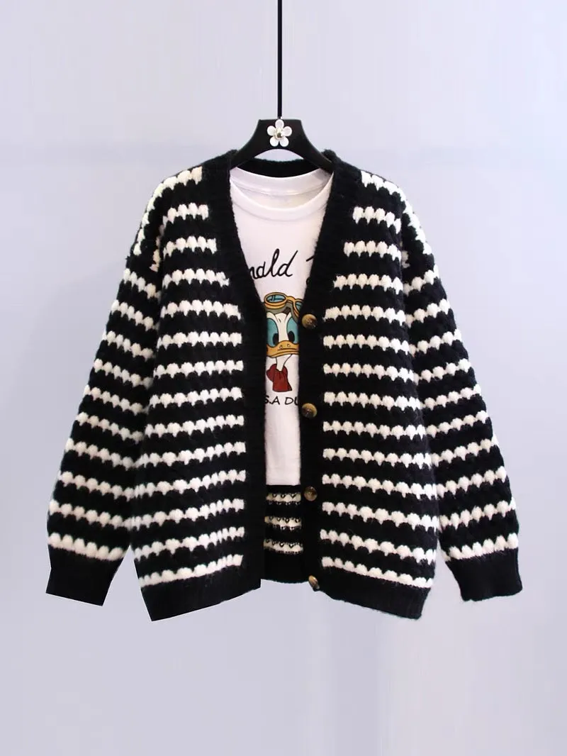 Retro Japanese striped sweater jacket women autumn and winter 2023 new loose lazy style all-match V-neck knitted cardigan