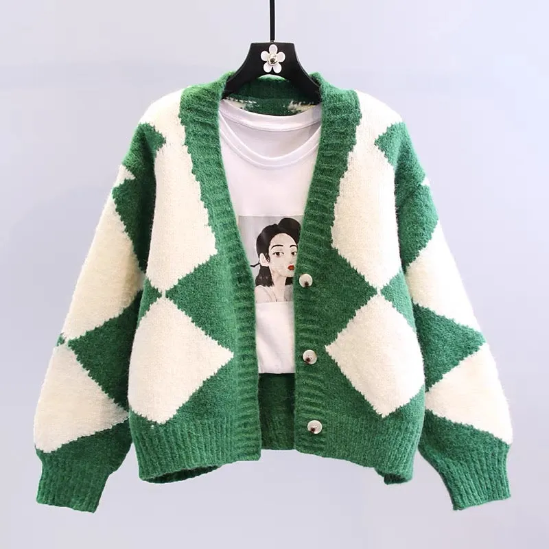 Retro lazy style diamond plaid sweater jacket for women autumn and winter 2023 new Korean style loose outer knitted cardigan