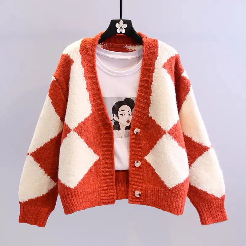 Retro lazy style diamond plaid sweater jacket for women autumn and winter 2023 new Korean style loose outer knitted cardigan