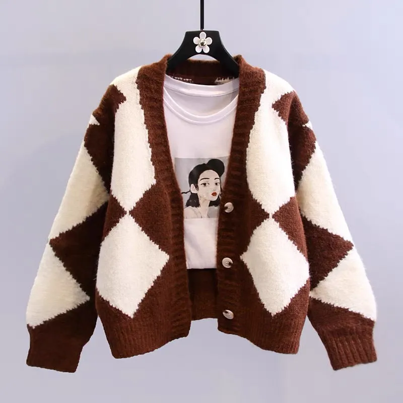 Retro lazy style diamond plaid sweater jacket for women autumn and winter 2023 new Korean style loose outer knitted cardigan