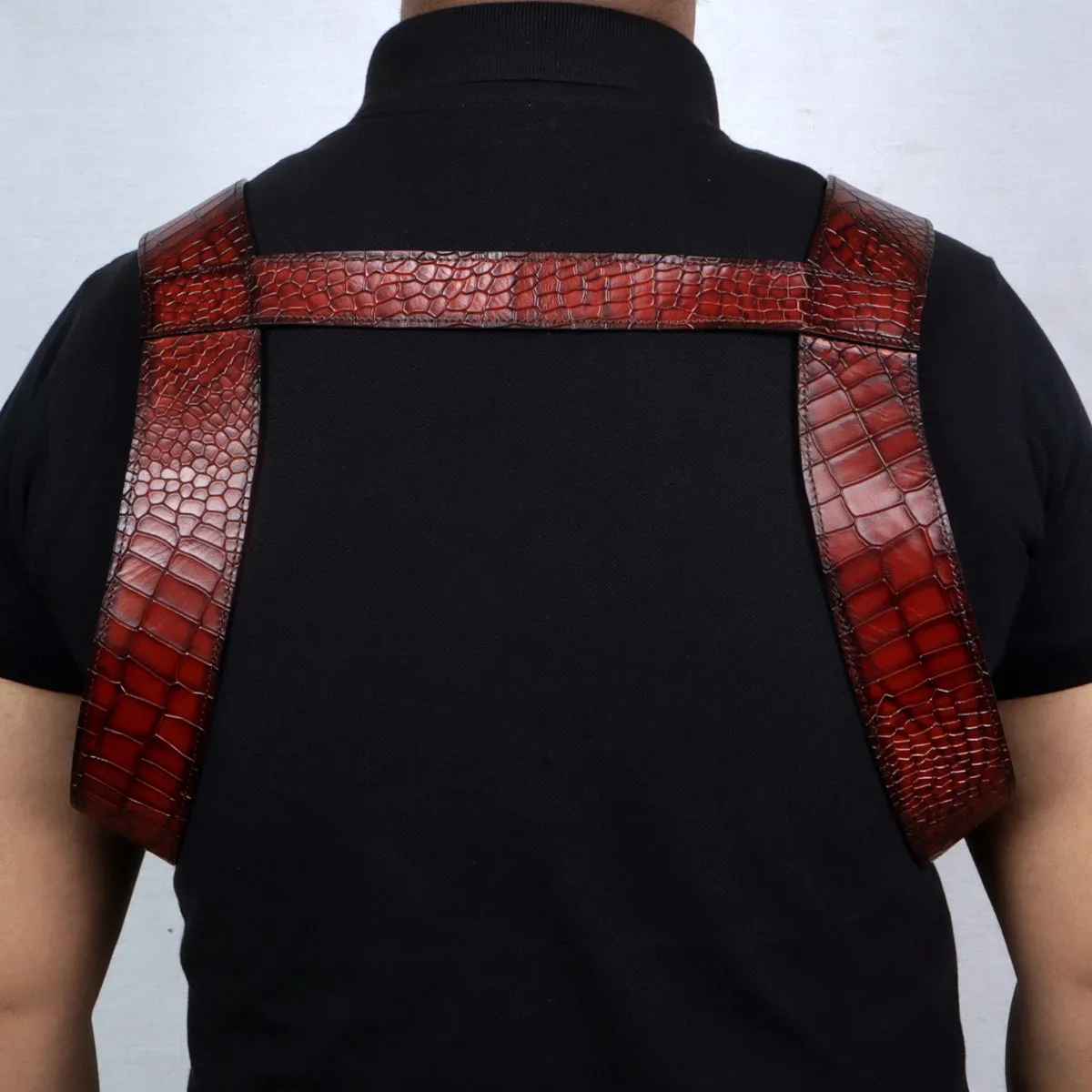 Shoulder Harness Bag Cognac Deep Cut Croco Textured Leather