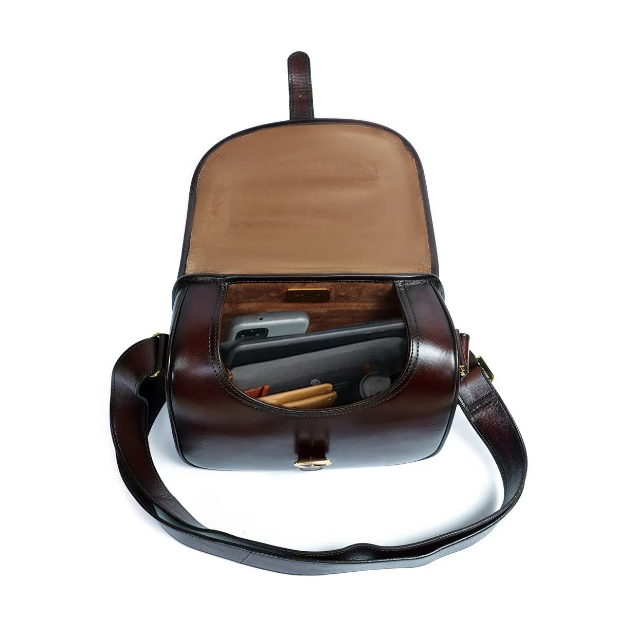 Shoulder Sling Bag in Dark Brown Leather with Customized Laser Engraved Initial