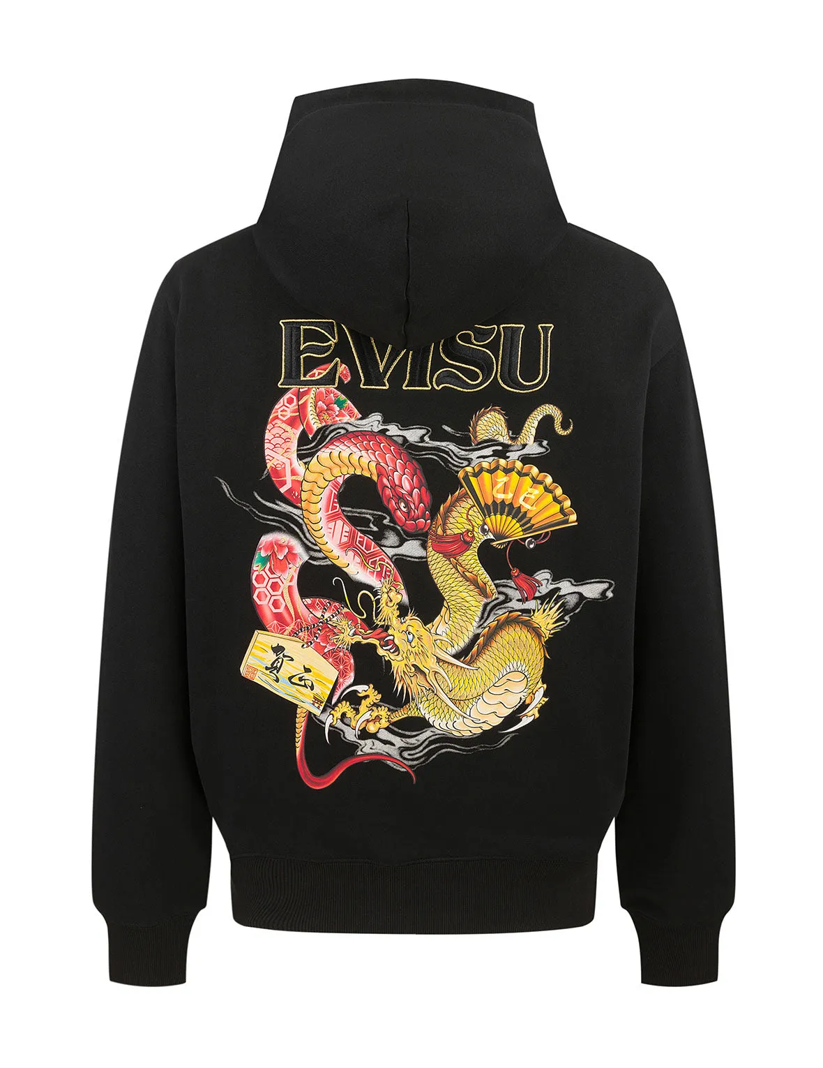 Soaring Snake and Dragon Print Relax Fit Hoodie - Black