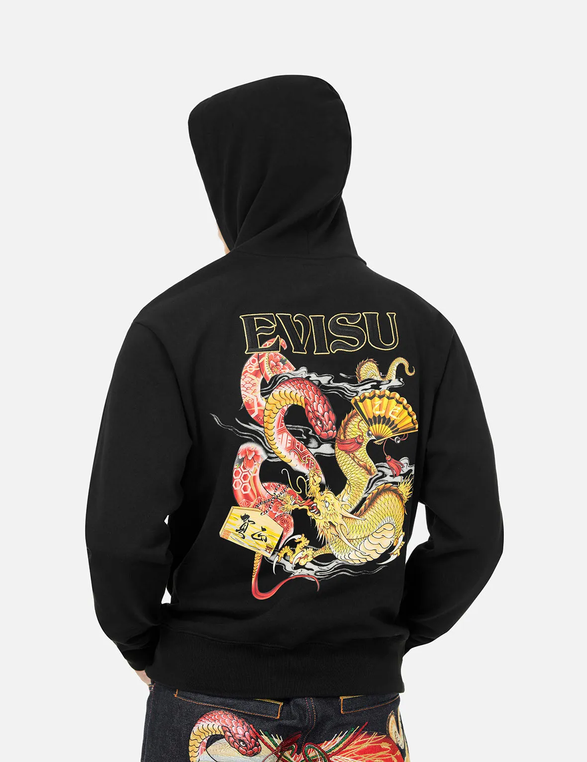 Soaring Snake and Dragon Print Relax Fit Hoodie - Red