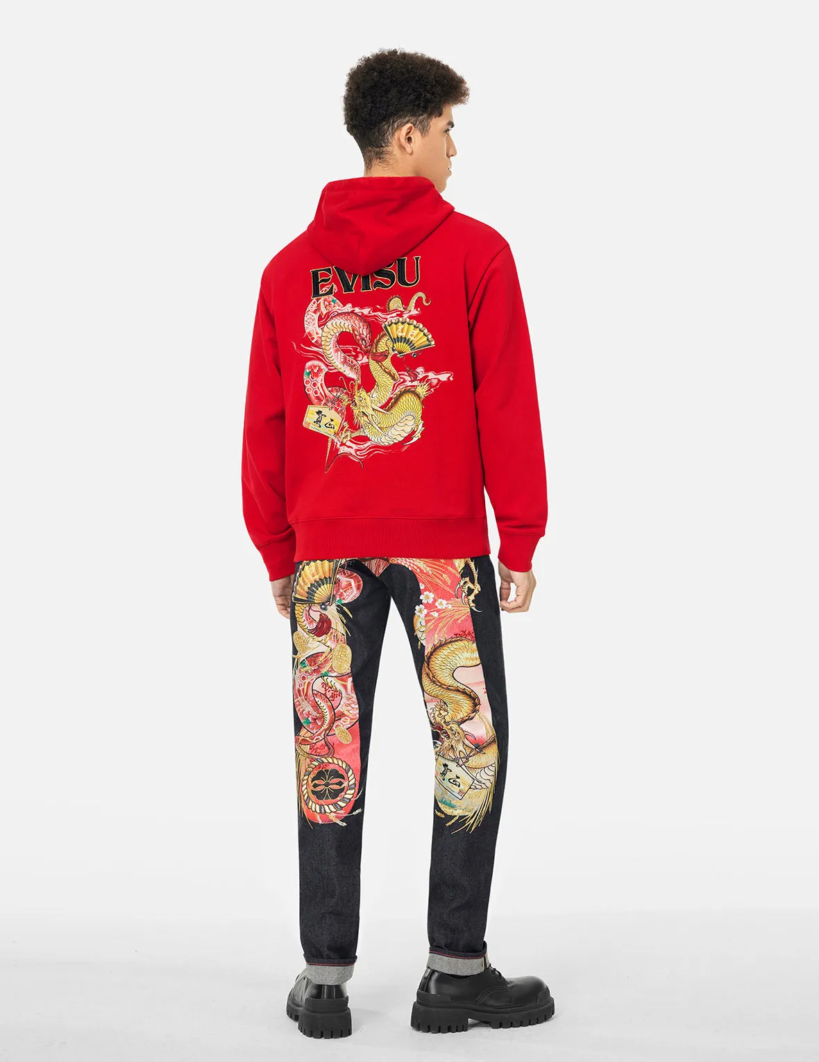 Soaring Snake and Dragon Print Relax Fit Hoodie - Red