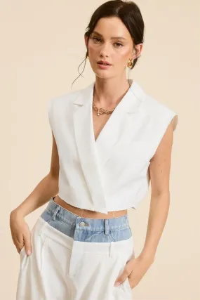 Solid V-Neck Collared Crop Vest