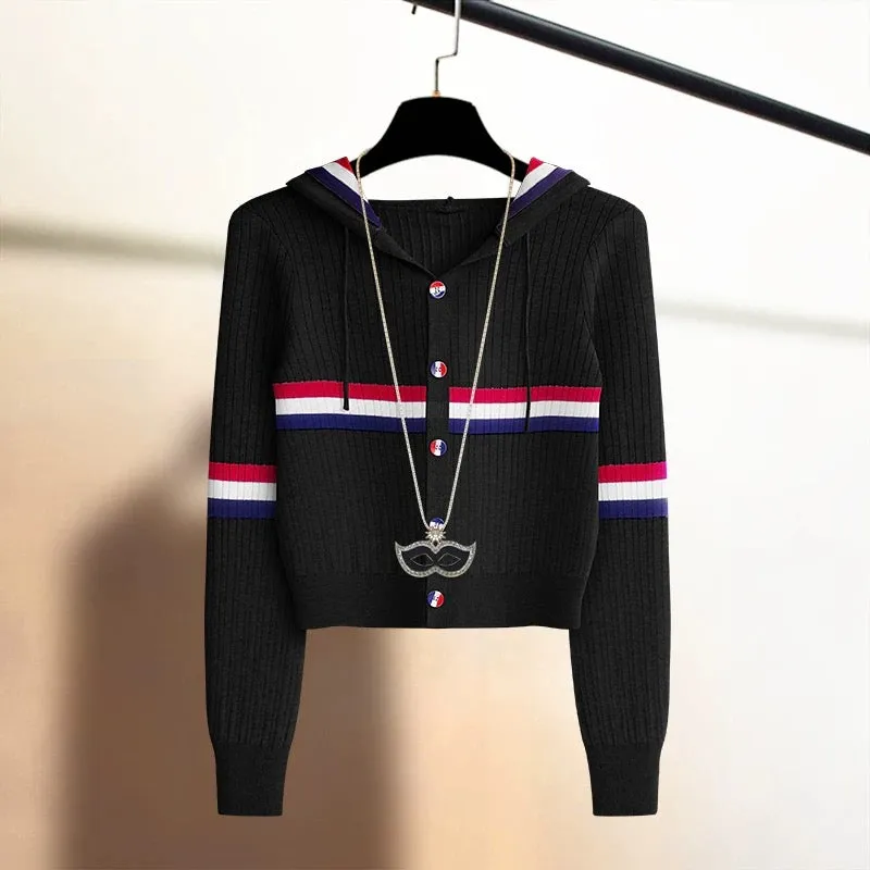 Spring new style contrasting stripes age-reducing college style hooded knitted cardigan for women loose slimming sweater jacket 