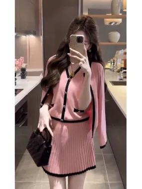 Sweet and gentle style casual knitted suit for women 2024 autumn new sleeveless vest cardigan skirt three-piece suit