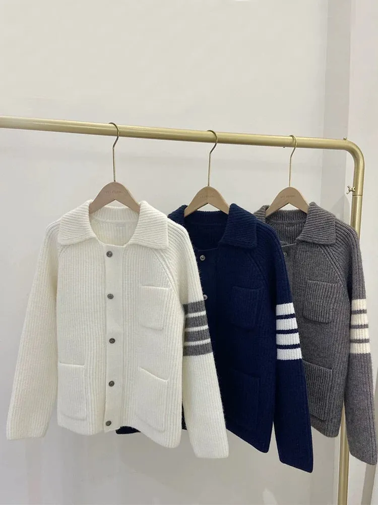 TB sweater women's wool cardigan 2024 autumn four-stripe lapel college style jacket thickened sweater jacket