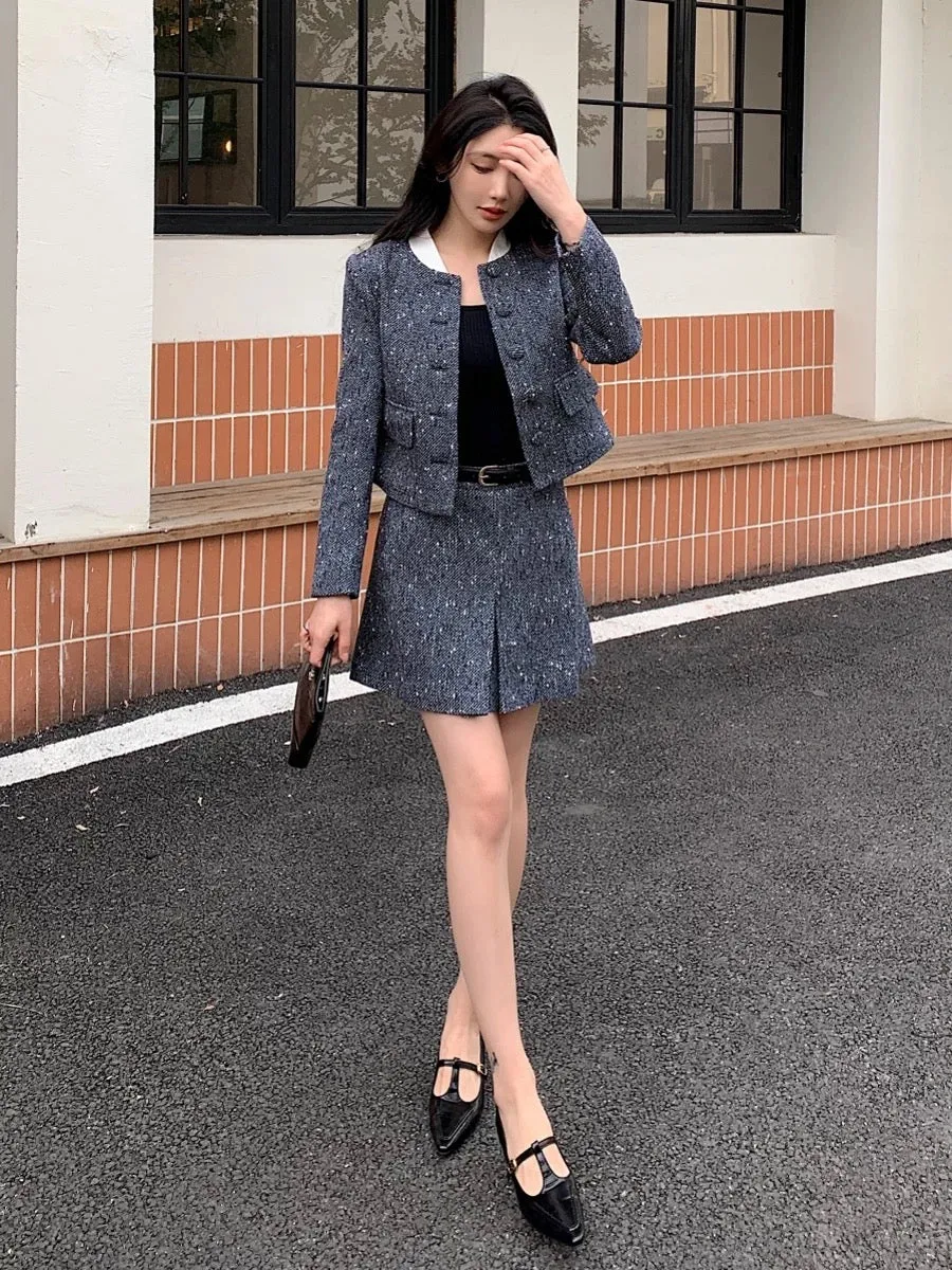 Temperament commuting woolen short cardigan, small fragrant jacket, high waist skirt, miu lining, miu style outfit