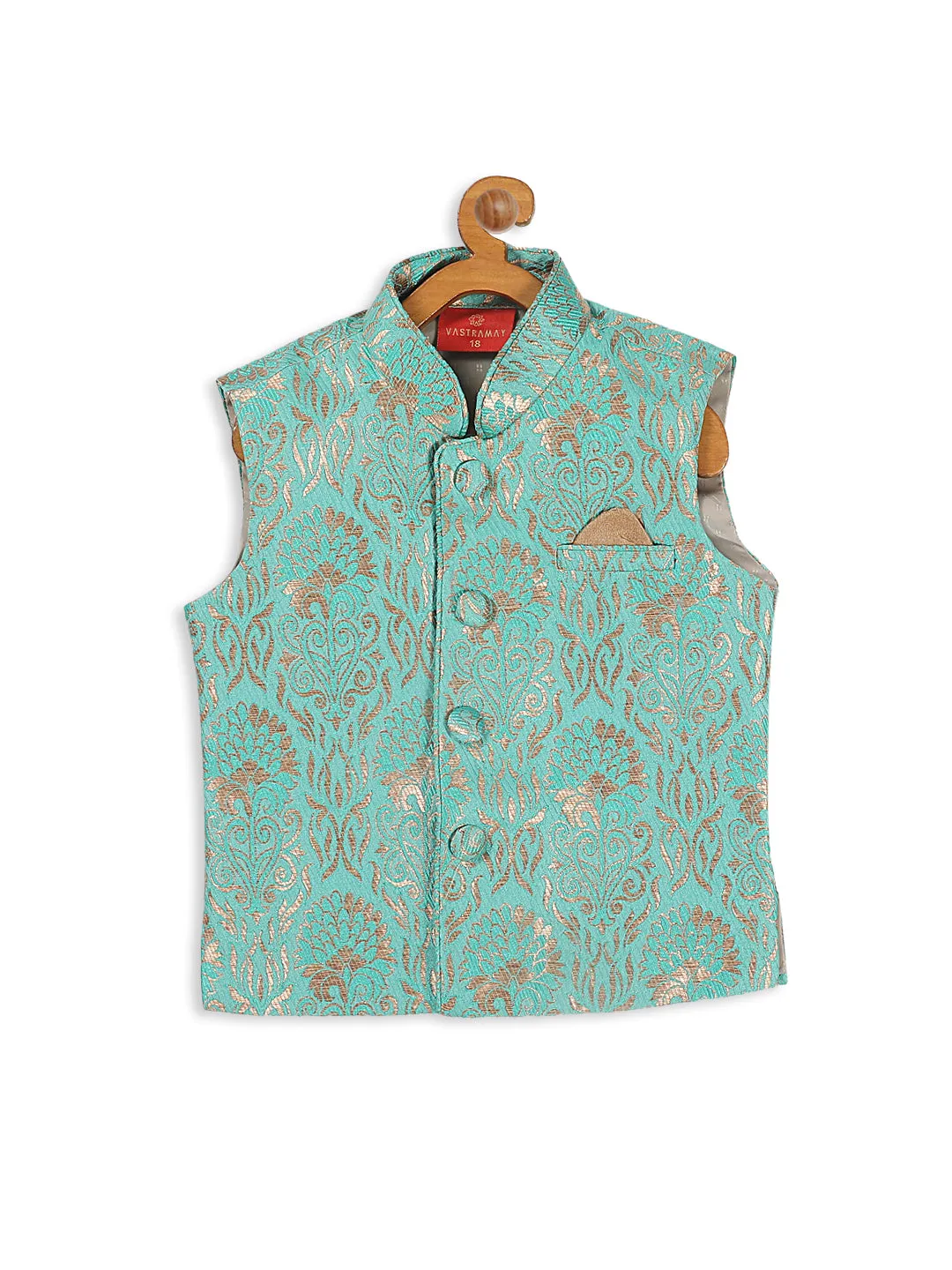 VASTRAMAY SISHU Boy's Green & Gold-Toned Woven Design Slim-Fit Nehru Jacket