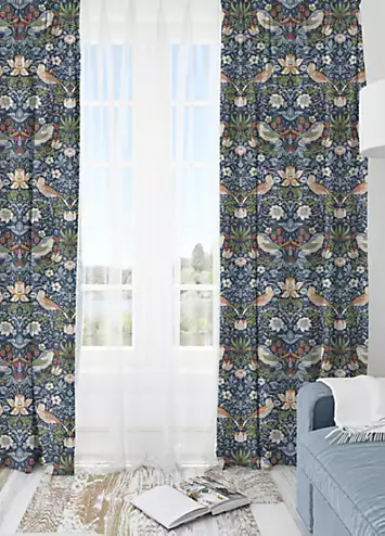 William Morris Navy Strawberry Thief Pencil Pleat Lined Curtains | Kaleidoscope