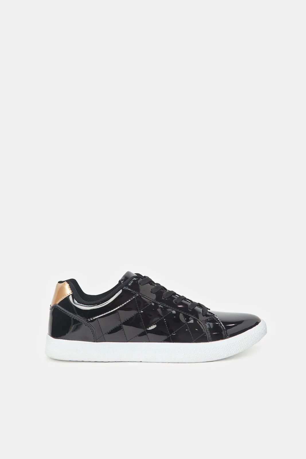 Women Black Patent Quilt Trainers