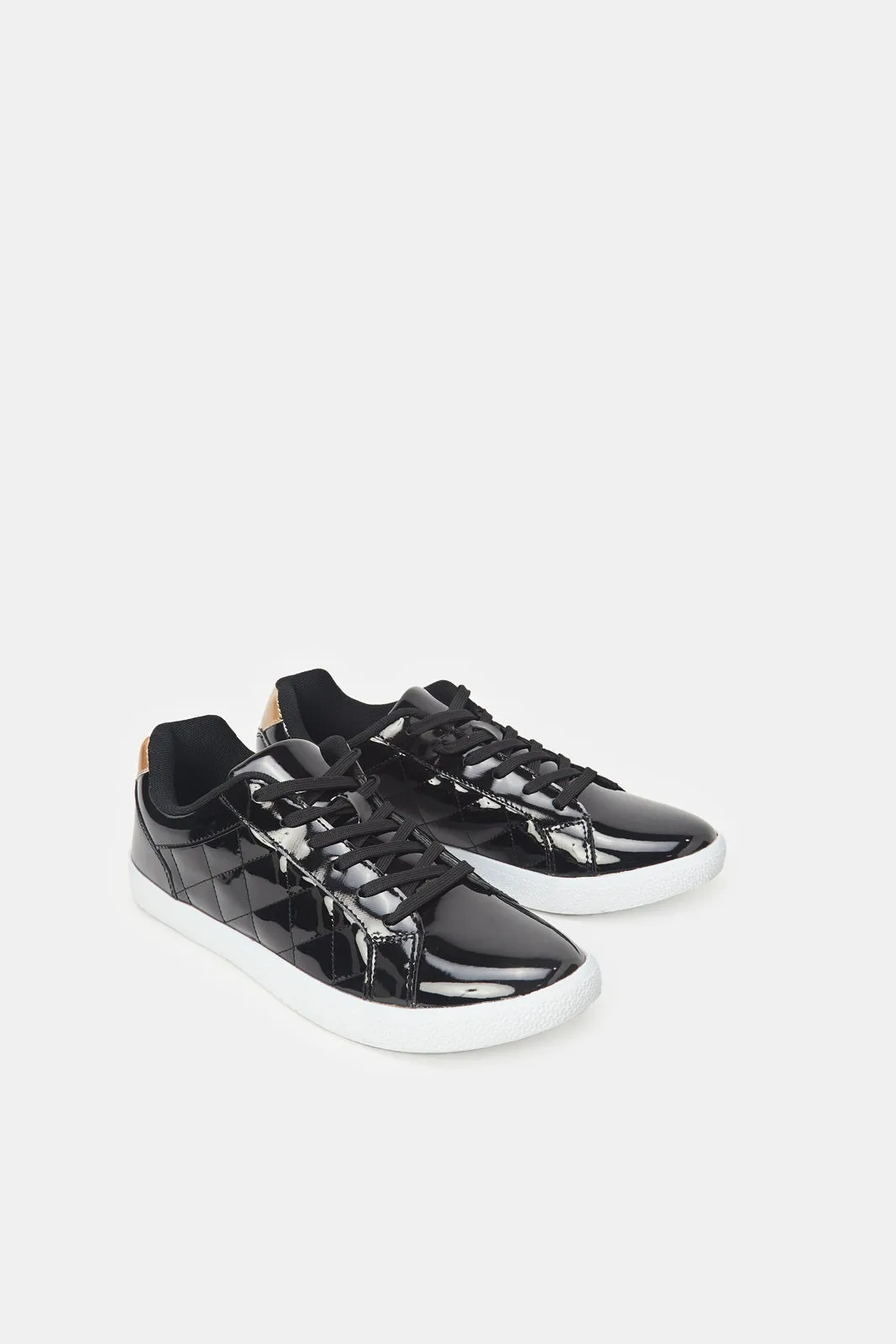 Women Black Patent Quilt Trainers