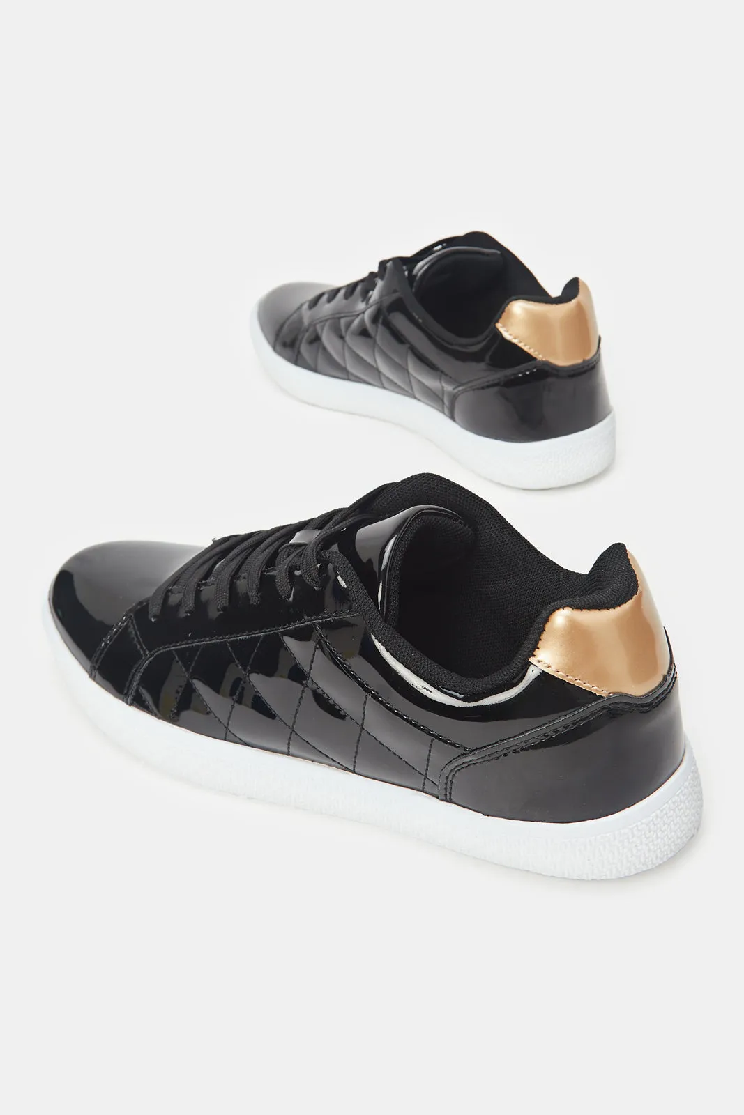 Women Black Patent Quilt Trainers