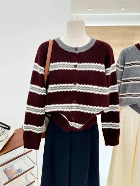 Xiaoxiangfeng Korean style autumn and winter high-end striped color matching soft and waxy warm loose buttoned knitted sweater w