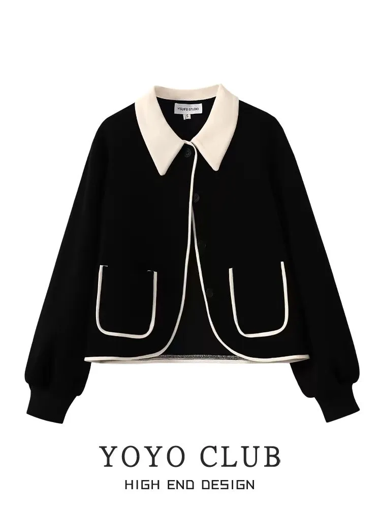 YOYO CLUB large size retro contrasting color small fragrance jacket autumn and winter new fat mm high-end cardigan for women